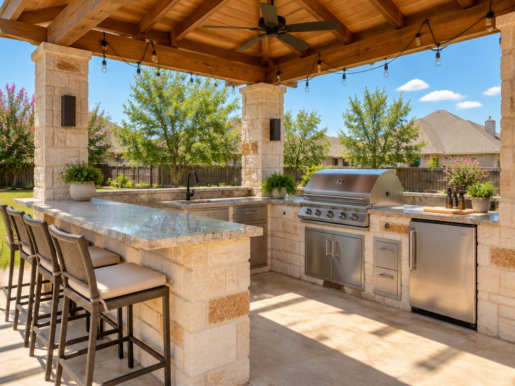Backyard outdoor kitchen with built-in grill and counter space